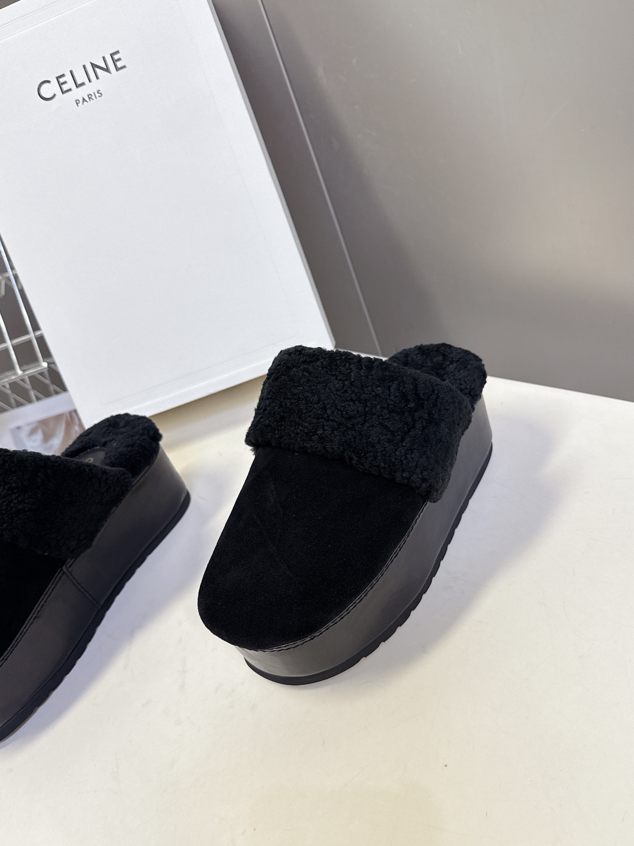 CELINE 26S WEDGE MULES IN BLACK SUEDE AND WOOL