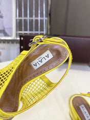 ALAIA 26S MESH THONG HEELS 55 MM IN YELLOW PATENT CALFSKIN