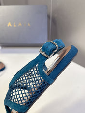 ALAIA 26S FLAT MESH THONG SANDALS IN PETROL BLUE SUEDE