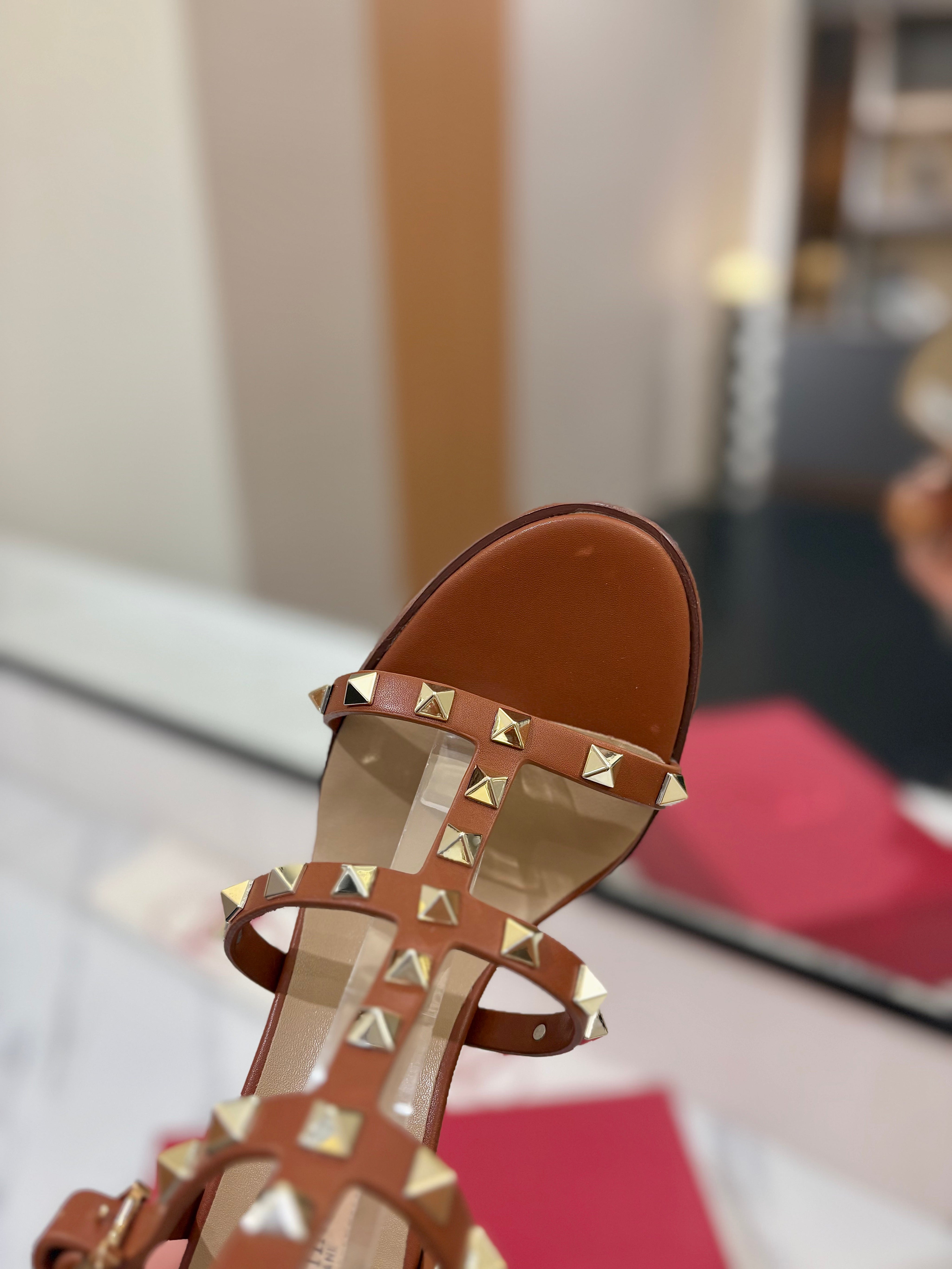 VALENTINO 26S STUDDED HIGH HEEL SANDALS 90 MM IN BROWN CALFSKIN