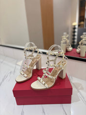 VALENTINO 26S STUDDED HIGH HEEL SANDALS 90 MM IN CREAM WHITE CALFSKIN