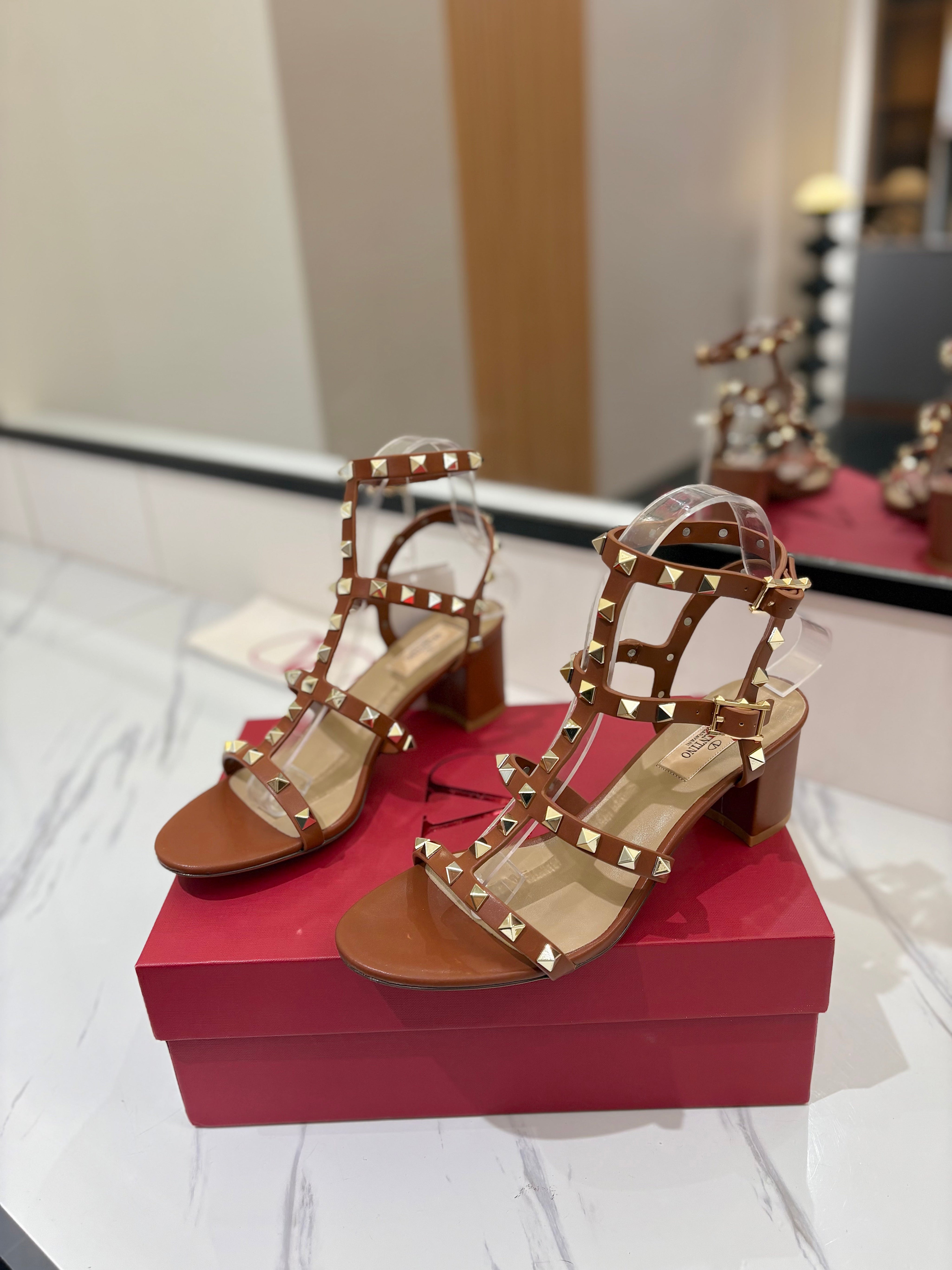 VALENTINO 26S STUDDED HIGH HEEL SANDALS 65 MM IN BROWN CALFSKIN