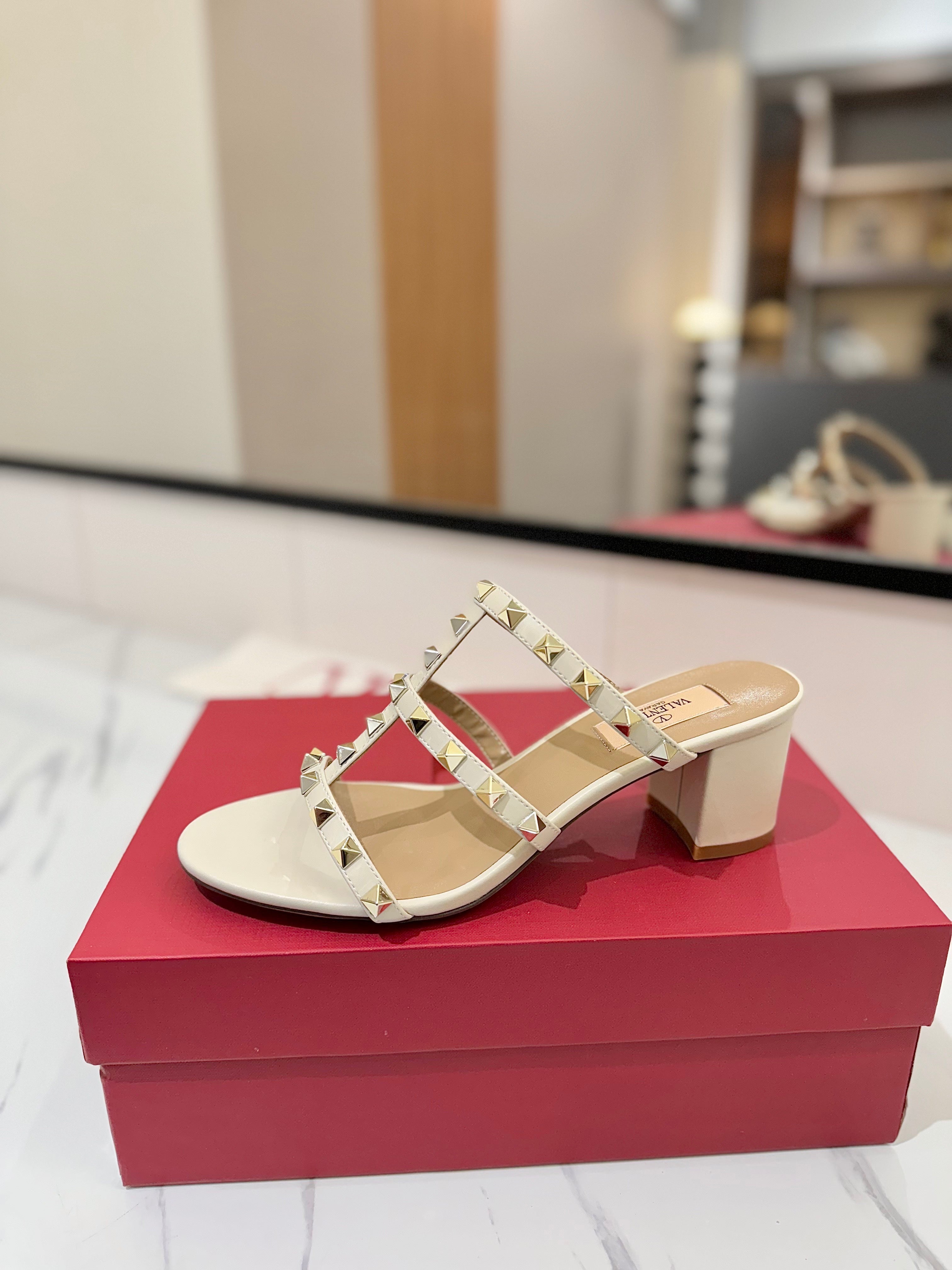 VALENTINO 26S HEELED SANDALS 60 MM IN CREAM WHITE CALFSKIN WITH GOLD STUDS