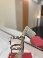 VALENTINO 26S HEELED SANDALS 60 MM IN LIGHT GREY CALFSKIN WITH GOLD STUDS