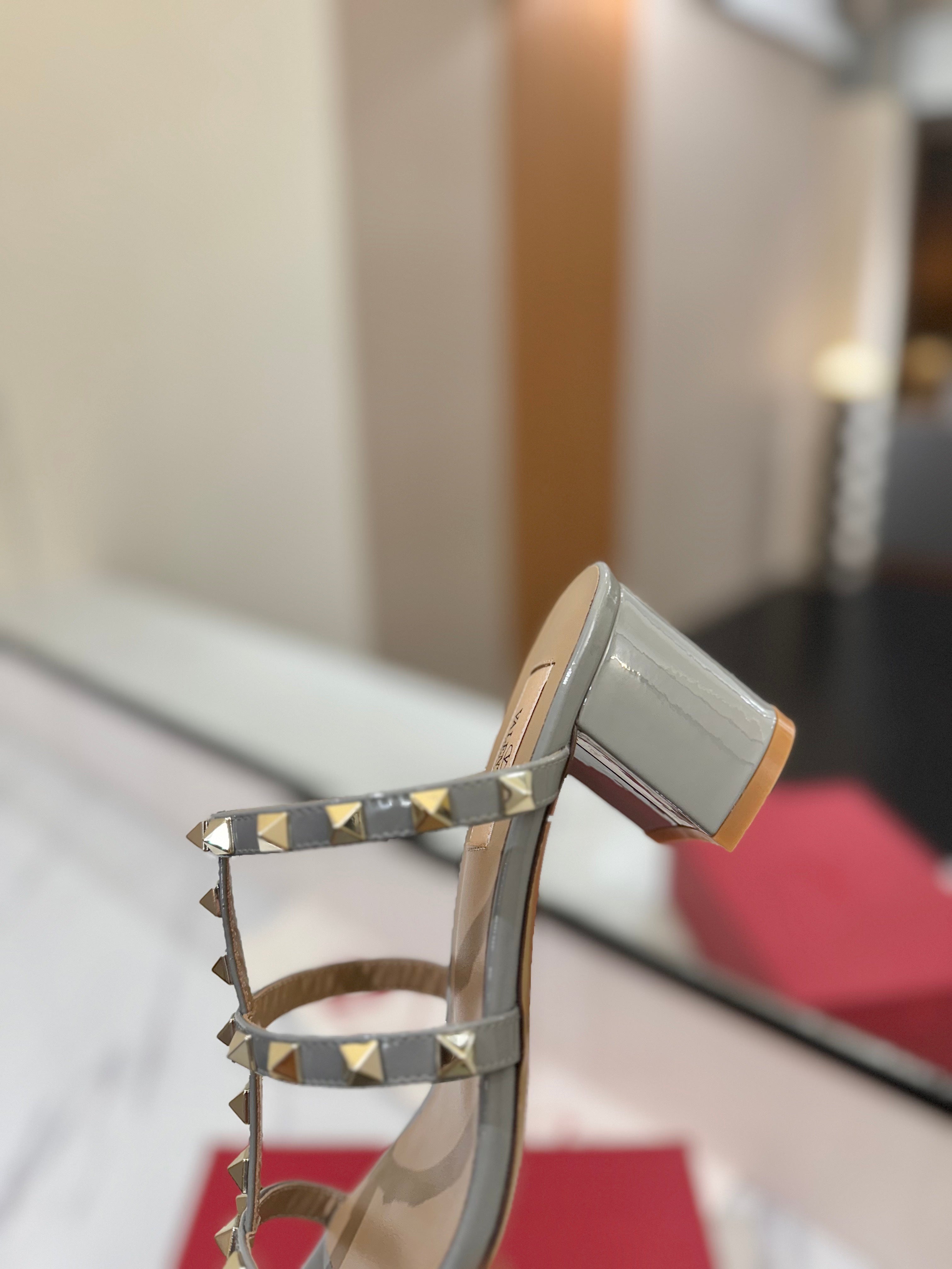 VALENTINO 26S HEELED SANDALS 60 MM IN LIGHT GREY CALFSKIN WITH GOLD STUDS