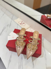 VALENTINO 26S STUDDED HEELED MULES 50 MM IN NUDE PATENT CALFSKIN