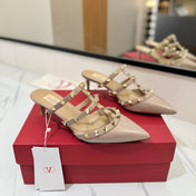 VALENTINO 26S STUDDED HEELED MULES 50 MM IN NUDE PATENT CALFSKIN