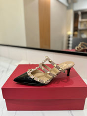 VALENTINO 26S STUDDED HEELED MULES 50 MM IN BLACK PATENT CALFSKIN