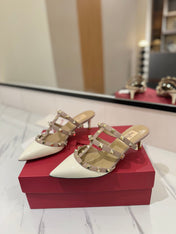 VALENTINO 26S STUDDED HEELED MULES 50 MM IN WHITE PATENT CALFSKIN