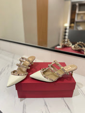 VALENTINO 26S STUDDED HEELED MULES 50 MM IN WHITE PATENT CALFSKIN