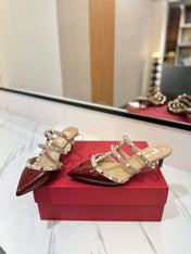 VALENTINO 26S STUDDED HEELED MULES 50 MM IN DARK RED PATENT CALFSKIN