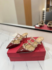 VALENTINO 26S STUDDED HEELED MULES 50 MM IN DARK RED PATENT CALFSKIN