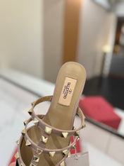 VALENTINO 26S STUDDED FLAT MULES IN BLACK PATENT CALFSKIN