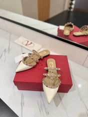 VALENTINO 26S STUDDED FLAT MULES IN WHITE PATENT CALFSKIN