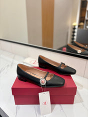 VALENTINO 26S MARY JANE FLATS IN BLACK CALFSKIN WITH CRYSTAL FLOWER