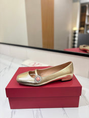 VALENTINO 26S MARY JANE FLATS IN METALLIC GOLD CALFSKIN WITH CRYSTAL FLOWER