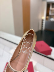 VALENTINO 26S MARY JANE FLATS IN METALLIC GOLD CALFSKIN WITH CRYSTAL FLOWER