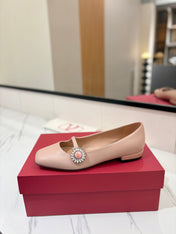 VALENTINO 26S MARY JANE FLATS IN NUDE PINK CALFSKIN WITH CRYSTAL FLOWER