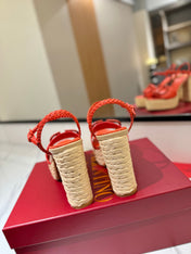 VLTN ESPADRILLE WEDGE SANDALS 25S 115 MM IN ORANGE LAMBSKIN