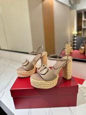 VLTN ESPADRILLE WEDGE SANDALS 25S 115 MM IN BEIGE BROWN LAMBSKIN