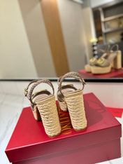 VLTN ESPADRILLE WEDGE SANDALS 25S 115 MM IN BEIGE BROWN LAMBSKIN WITH GOLD HARDWARE