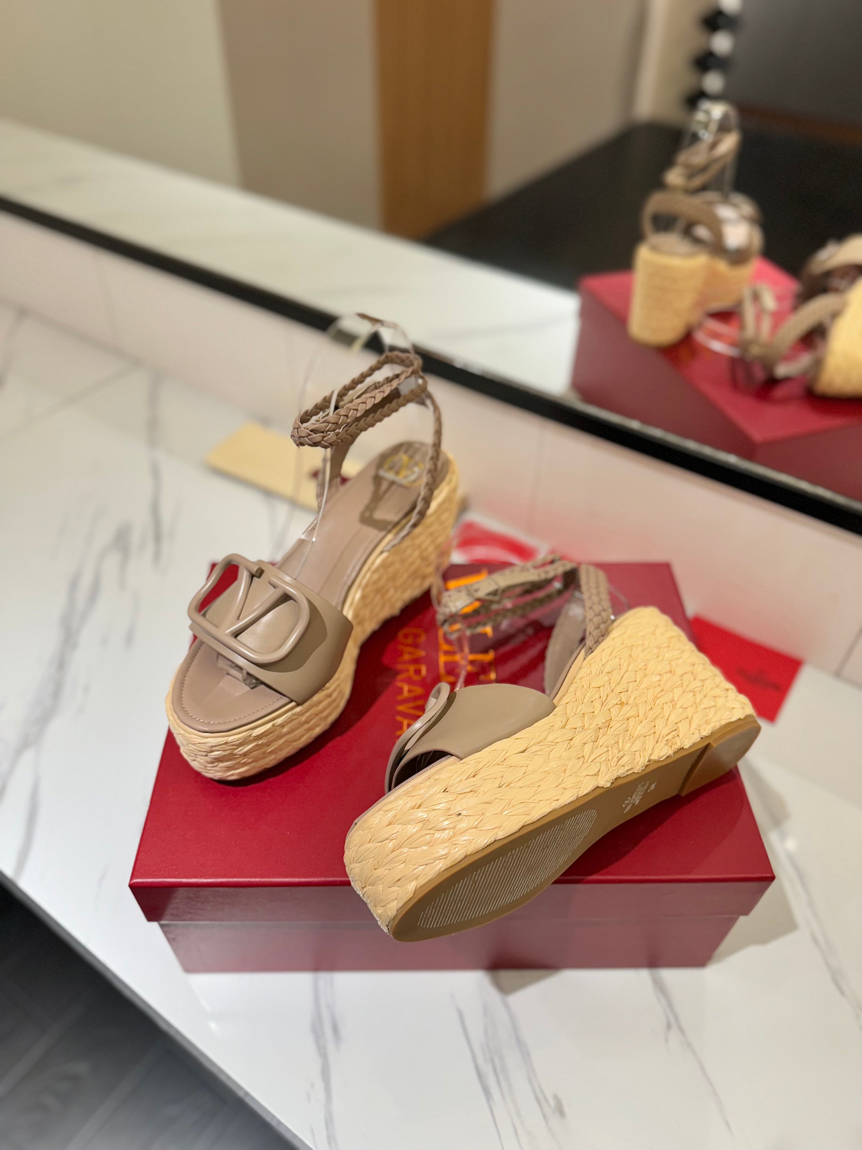 VLTN ESPADRILLE WEDGE SANDALS 25S 90 MM IN BEIGE BROWN LAMBSKIN STYLE 7