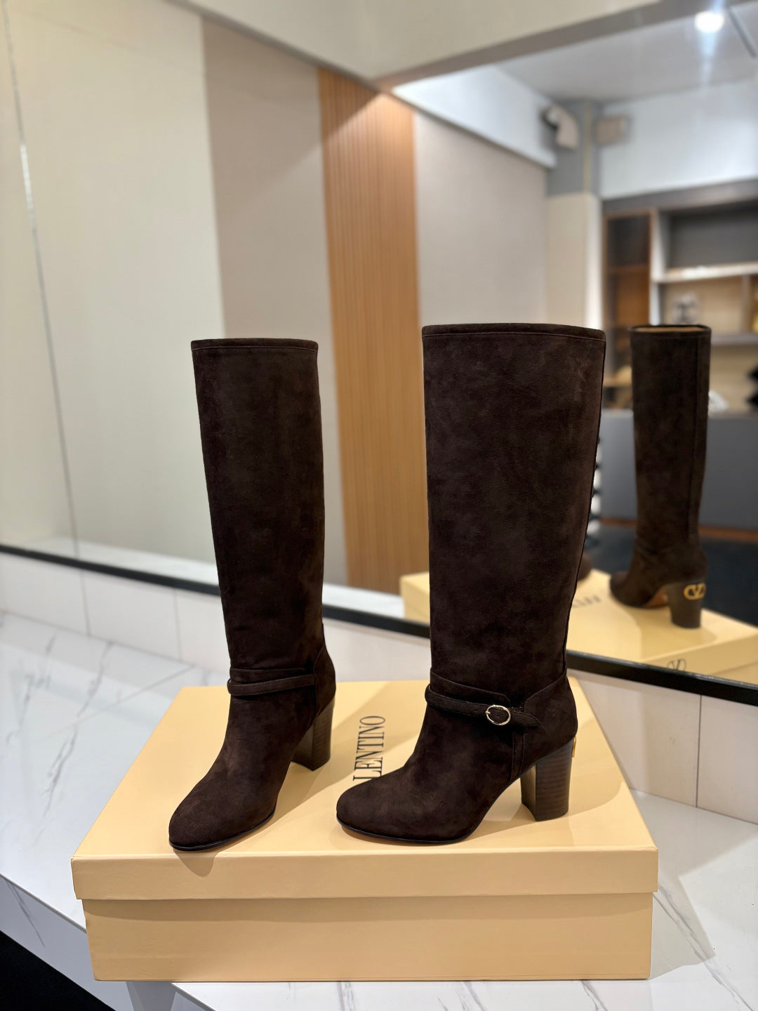 VALENTINO 25S GARAVANI PATTIE KNEE-HIGH BOOTS 80 MM IN DARK BROWN SUEDE