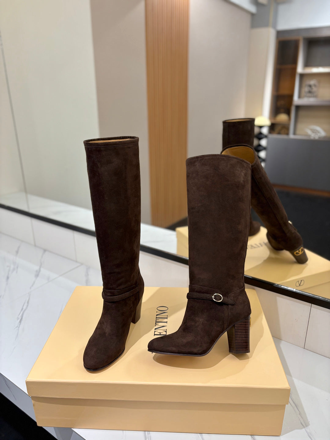 VALENTINO 25S GARAVANI PATTIE KNEE-HIGH BOOTS 80 MM IN DARK BROWN SUEDE