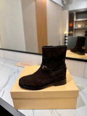 VALENTINO 25S PATTIE ANKLE BOOTS IN DARK BROWN SUEDE WITH GOLD HARDWARE