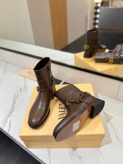 VALENTINO 25S PATTIE ANKLE BOOTS IN DARK BROWN CALFSKIN WITH GOLD HARDWARE