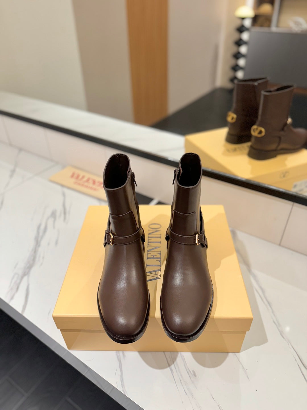VALENTINO 25S PATTIE ANKLE BOOTS IN DARK BROWN CALFSKIN WITH GOLD HARDWARE