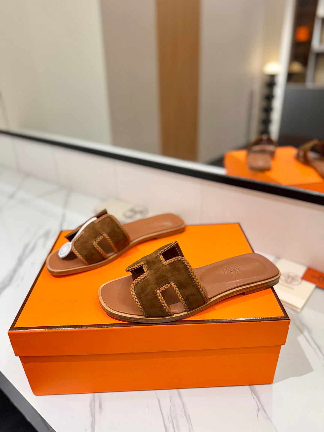 HM 26S ORAN SANDALS IN CARAMEL BROWN SUEDE WITH TAN BOWN BRAIDED TRIM