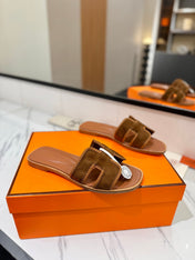 HM 26S ORAN SANDALS IN CARAMEL BROWN SUEDE WITH TAN BOWN BRAIDED TRIM
