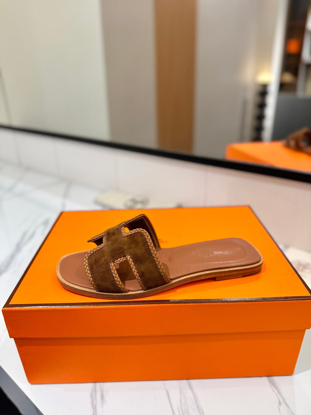 HM 26S ORAN SANDALS IN CARAMEL BROWN SUEDE WITH TAN BOWN BRAIDED TRIM