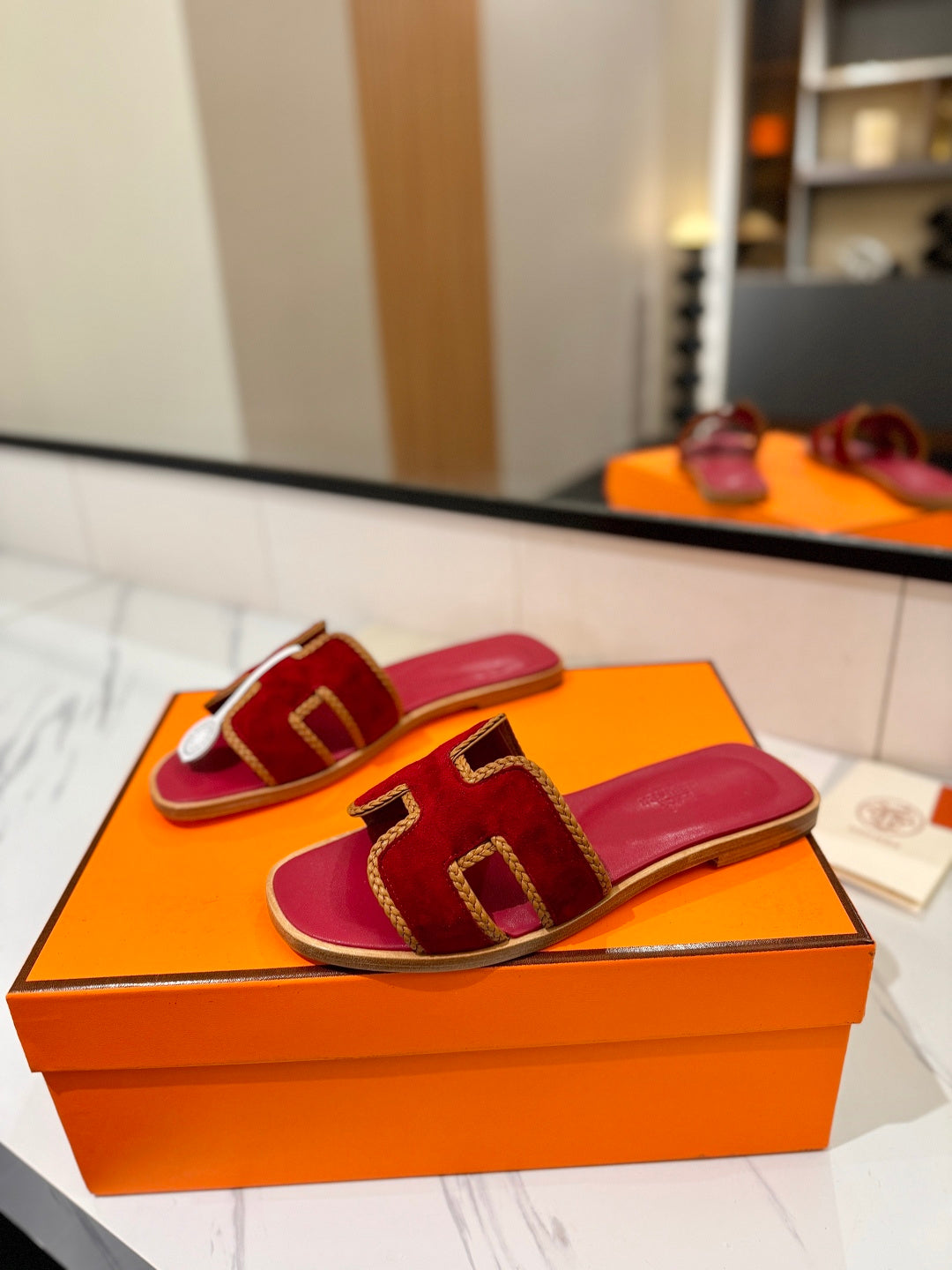 HM 26S ORAN SANDALS IN DARK RED SUEDE WITH TAN BOWN BRAIDED TRIM