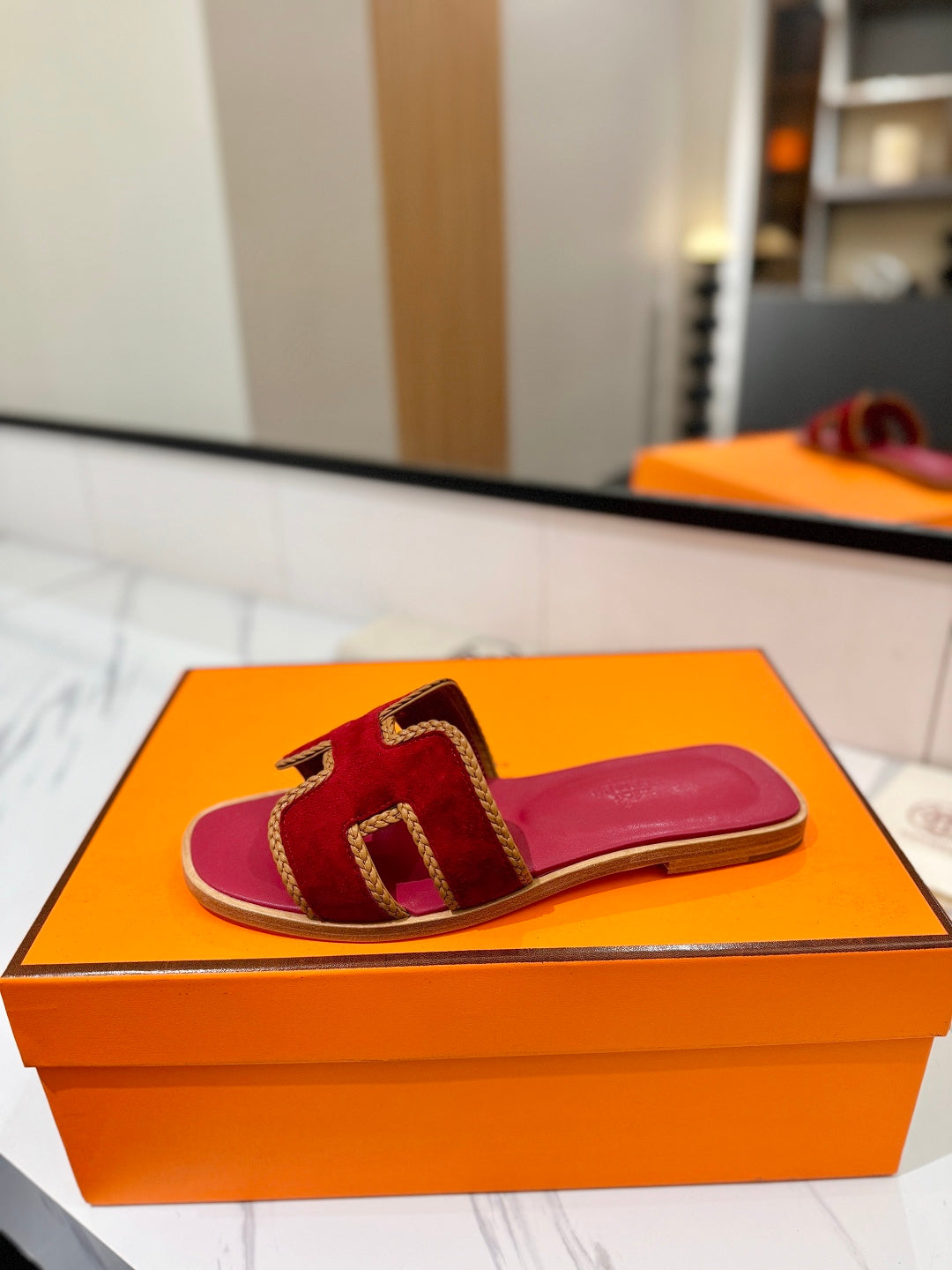 HM 26S ORAN SANDALS IN DARK RED SUEDE WITH TAN BOWN BRAIDED TRIM