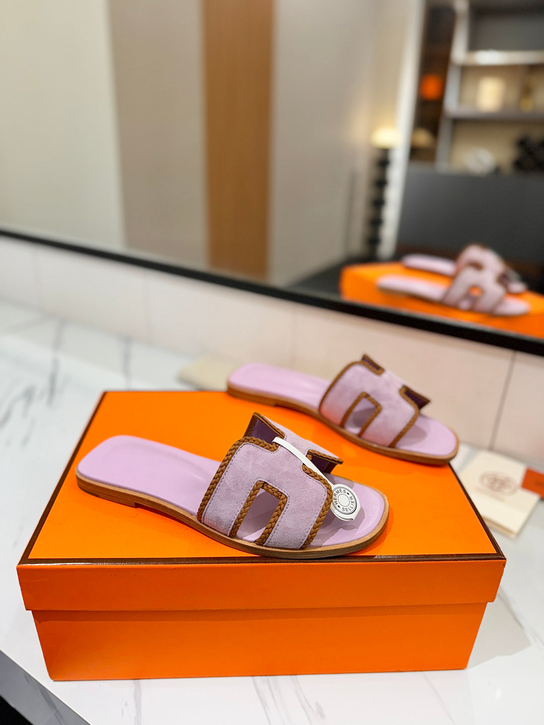 HM 26S ORAN SANDALS IN LIGHT PURPLE SUEDE WITH TAN BOWN BRAIDED TRIM