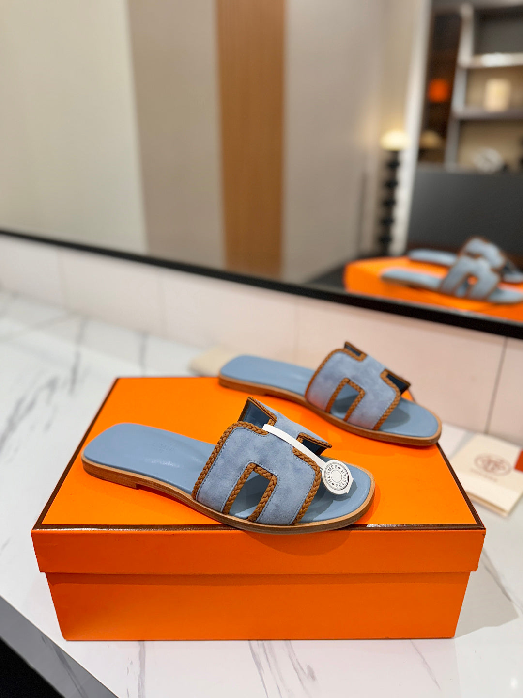 HM 26S ORAN SANDALS IN LIGHT BLUE SUEDE WITH TAN BOWN BRAIDED TRIM
