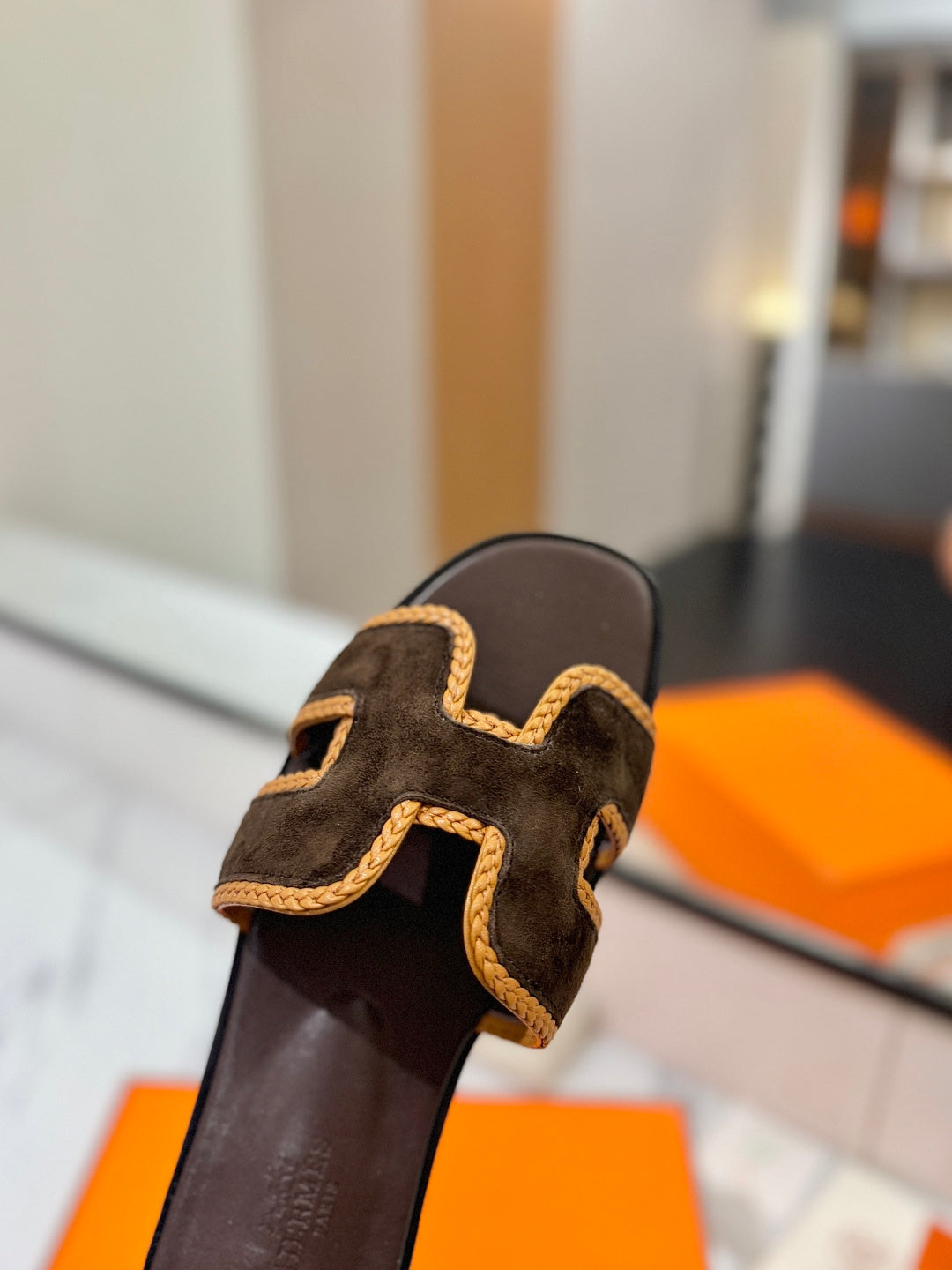HM 26S ORAN SANDALS IN DARK BROWN SUEDE WITH TAN BOWN BRAIDED TRIM