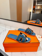 HM 26S ORAN SANDALS IN BLUE SUEDE WITH TAN BOWN BRAIDED TRIM