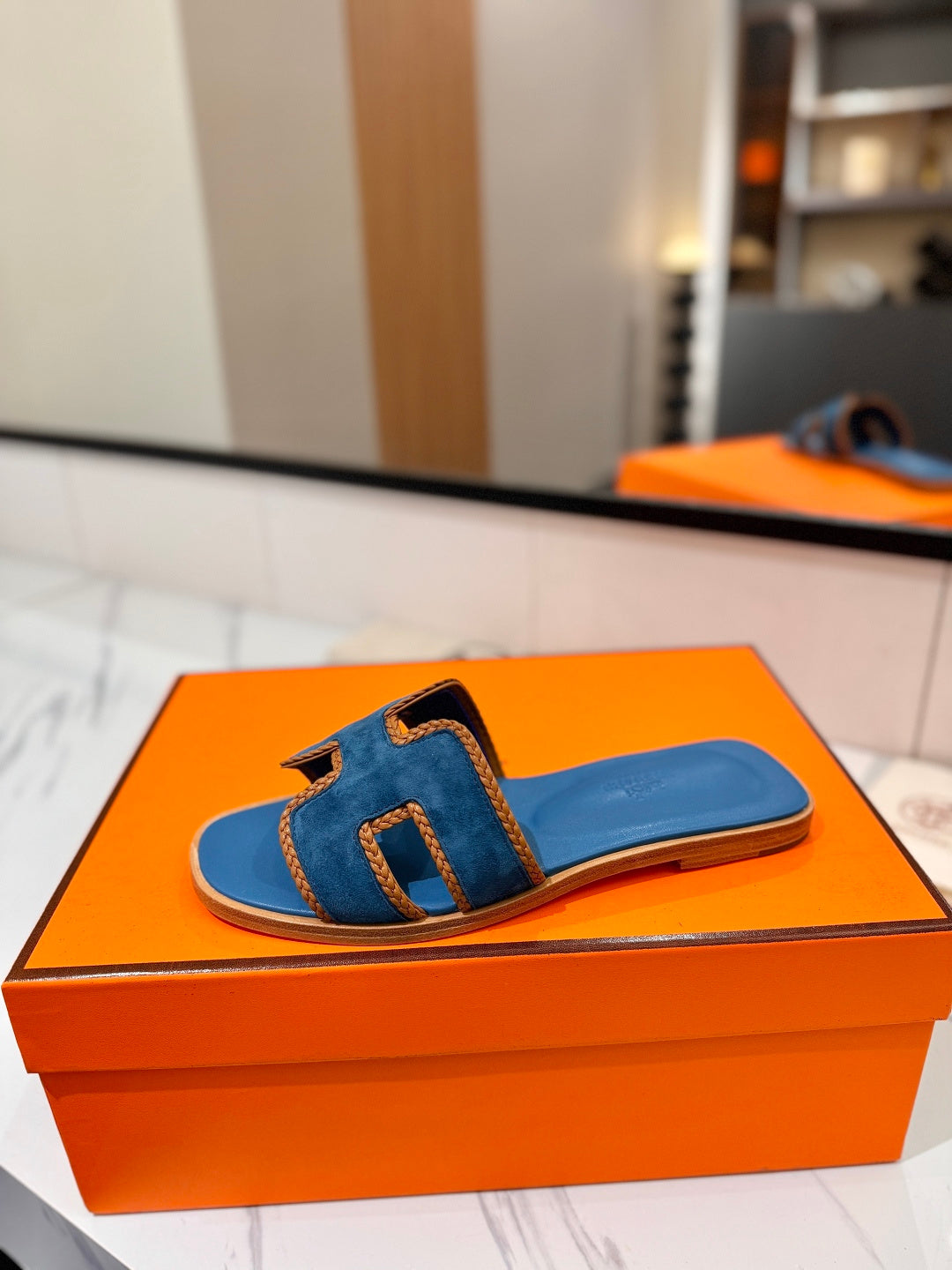HM 26S ORAN SANDALS IN BLUE SUEDE WITH TAN BOWN BRAIDED TRIM