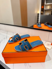 HM 26S ORAN SANDALS IN BLUE SUEDE WITH TAN BOWN BRAIDED TRIM