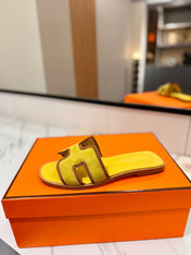 HM 26S ORAN SANDALS IN YELLOW SUEDE WITH TAN BOWN BRAIDED TRIM