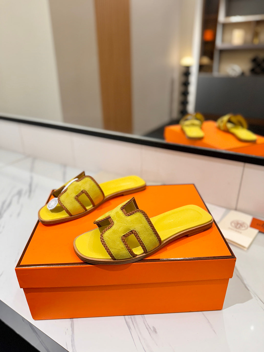 HM 26S ORAN SANDALS IN YELLOW SUEDE WITH TAN BOWN BRAIDED TRIM