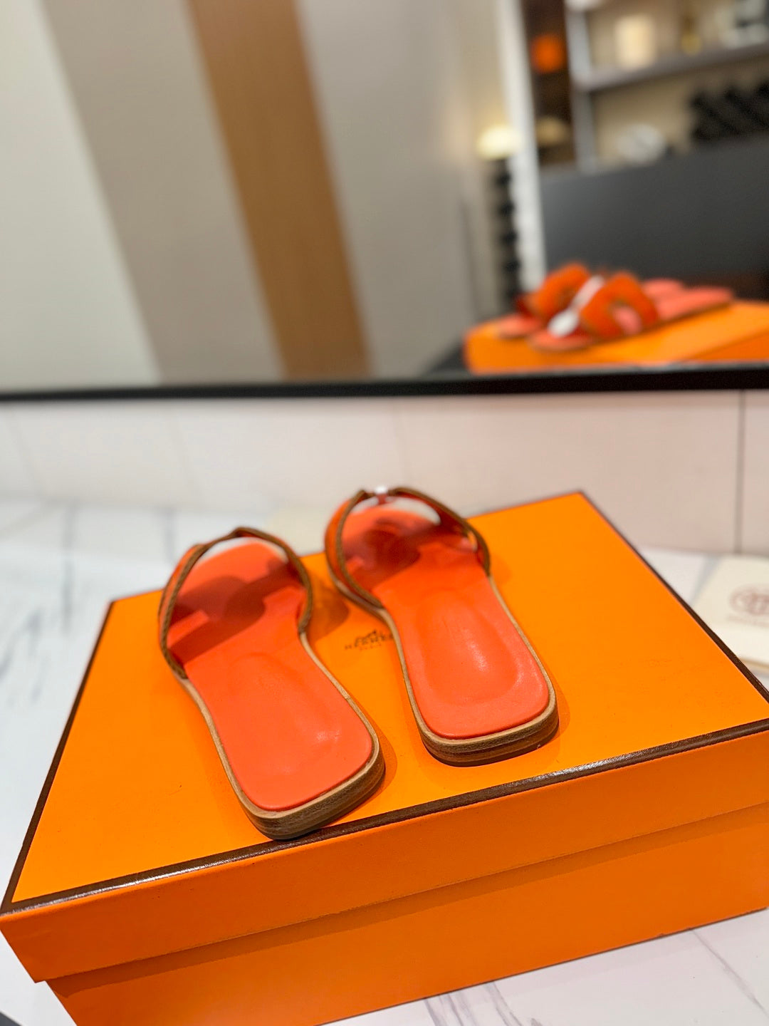 HM 26S ORAN SANDALS IN ORANGE SUEDE WITH TAN BOWN BRAIDED TRIM