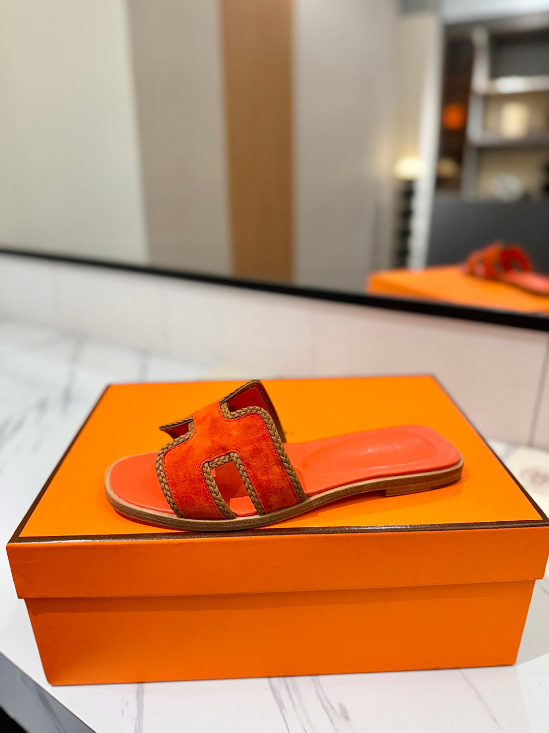 HM 26S ORAN SANDALS IN ORANGE SUEDE WITH TAN BOWN BRAIDED TRIM