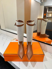 HM 26S JUMPING BOOTS IN BROWN CALFSKIN AND BEIGE CANVAS WITH SILVER HARDWARE