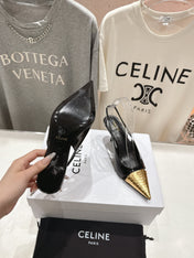 JUDY CAP TOE SLINGBACK 65MM IN BLACK SHINY CALFSKIN AND GOLD SNAKE EMBOSSED LEATHER