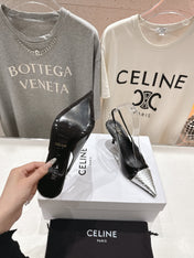 JUDY CAP TOE SLINGBACK 65MM IN BLACK SHINY CALFSKIN AND SILVER SNAKE EMBOSSED LEATHER