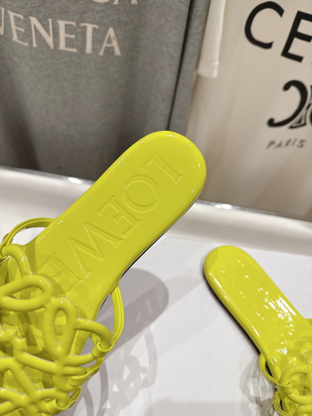 LOEWE 26S PETAL ANAGRAM SLIDE IN LEMON YELLOW CALFSKIN